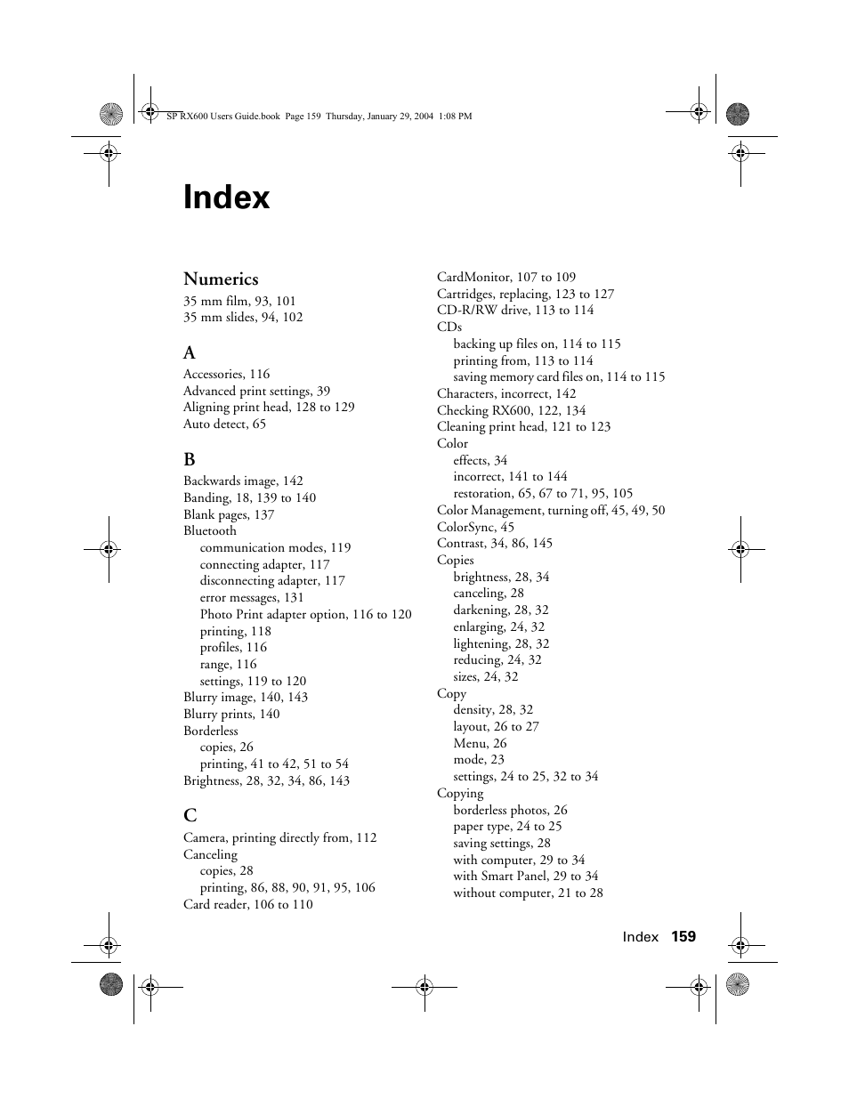 Index, Numerics | Epson All-In-One Stylus Photo RX600 User Manual | Page 159 / 164