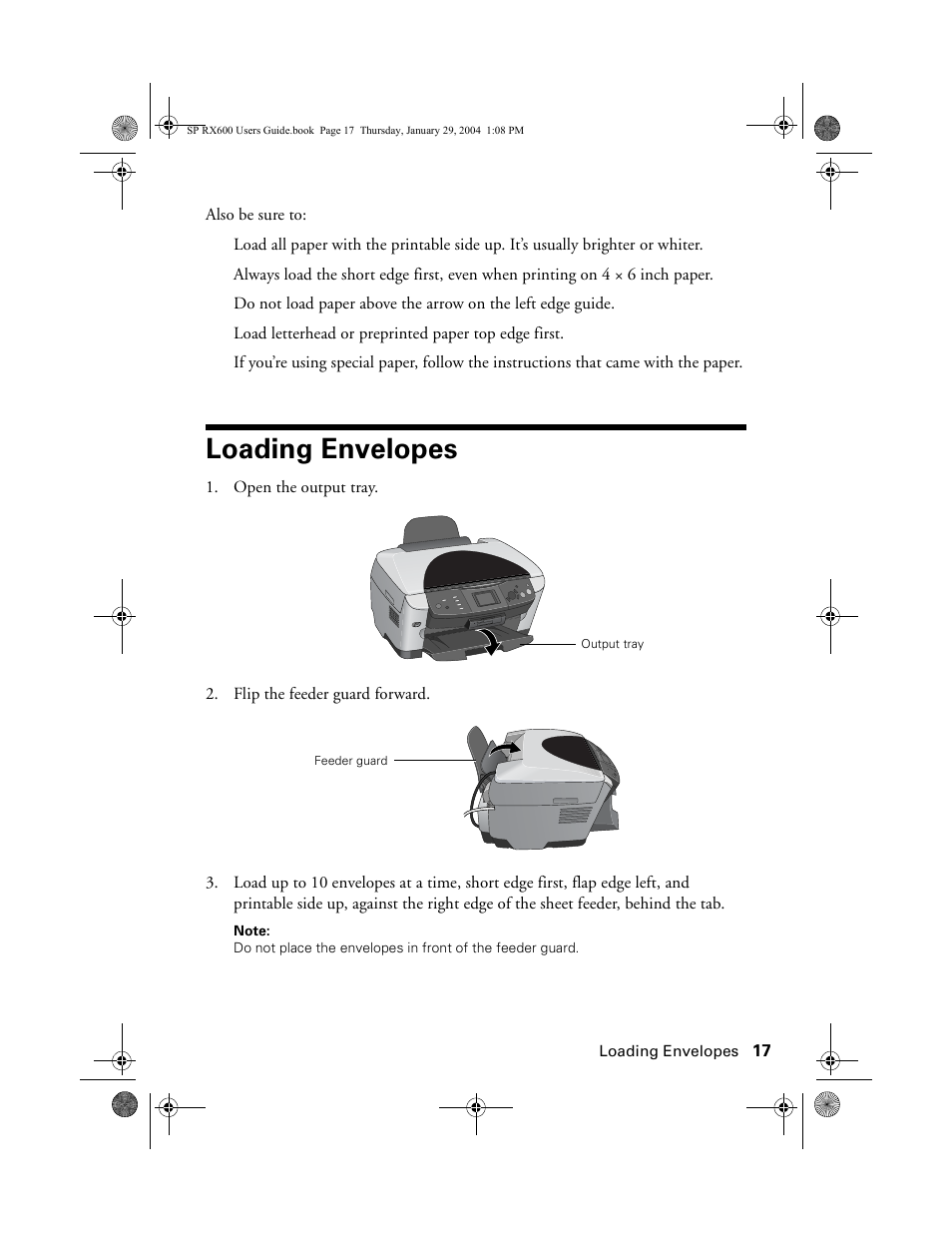 Loading envelopes | Epson All-In-One Stylus Photo RX600 User Manual | Page 17 / 164