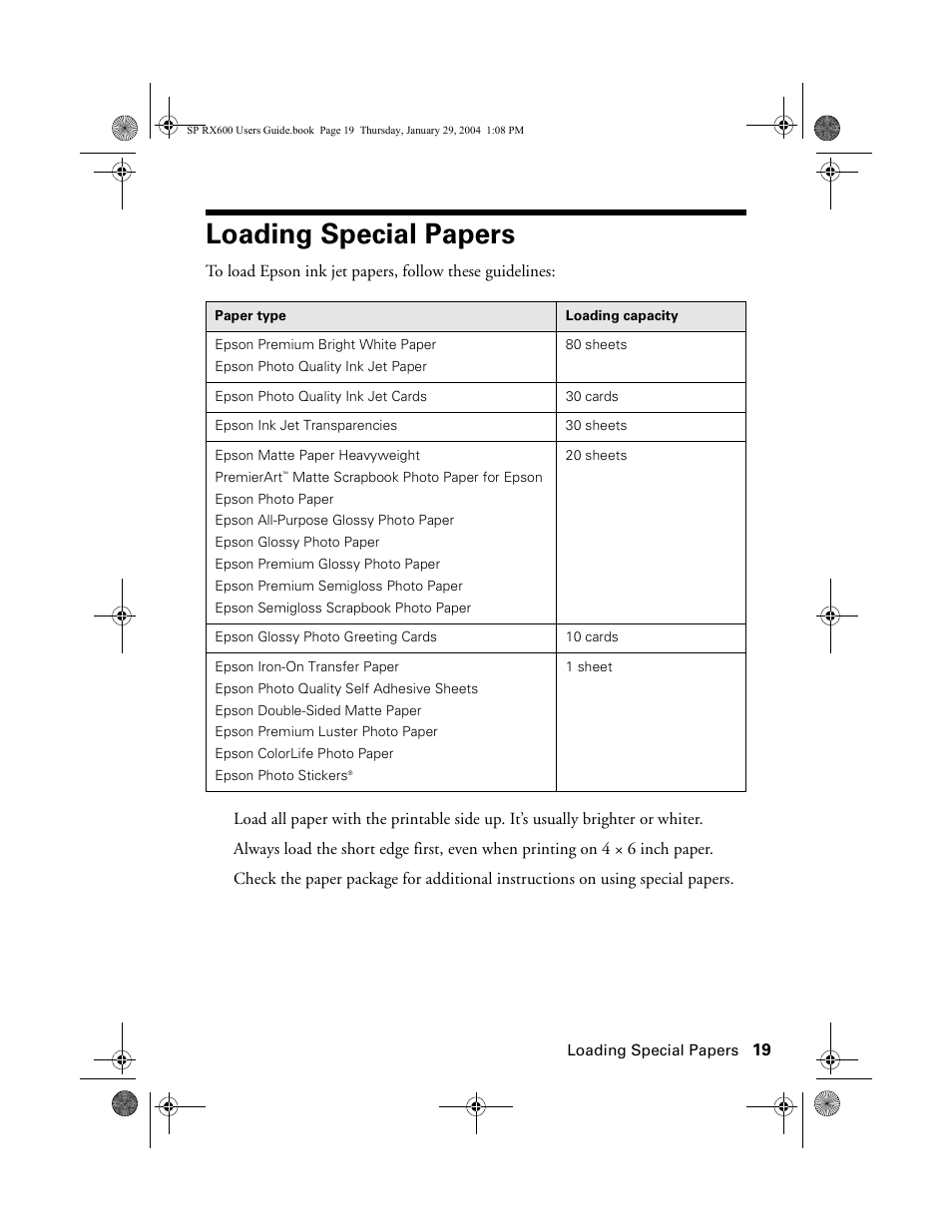 Loading special papers | Epson All-In-One Stylus Photo RX600 User Manual | Page 19 / 164