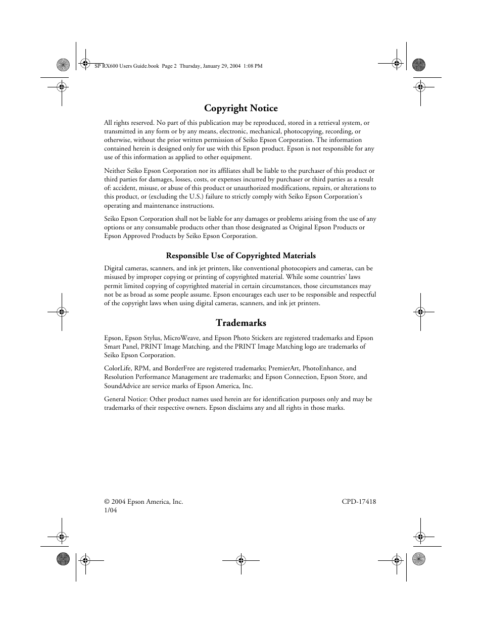 Copyright notice, Trademarks | Epson All-In-One Stylus Photo RX600 User Manual | Page 2 / 164