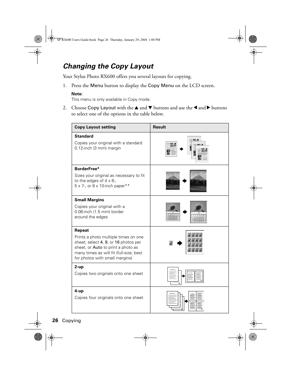 Changing the copy layout | Epson All-In-One Stylus Photo RX600 User Manual | Page 26 / 164