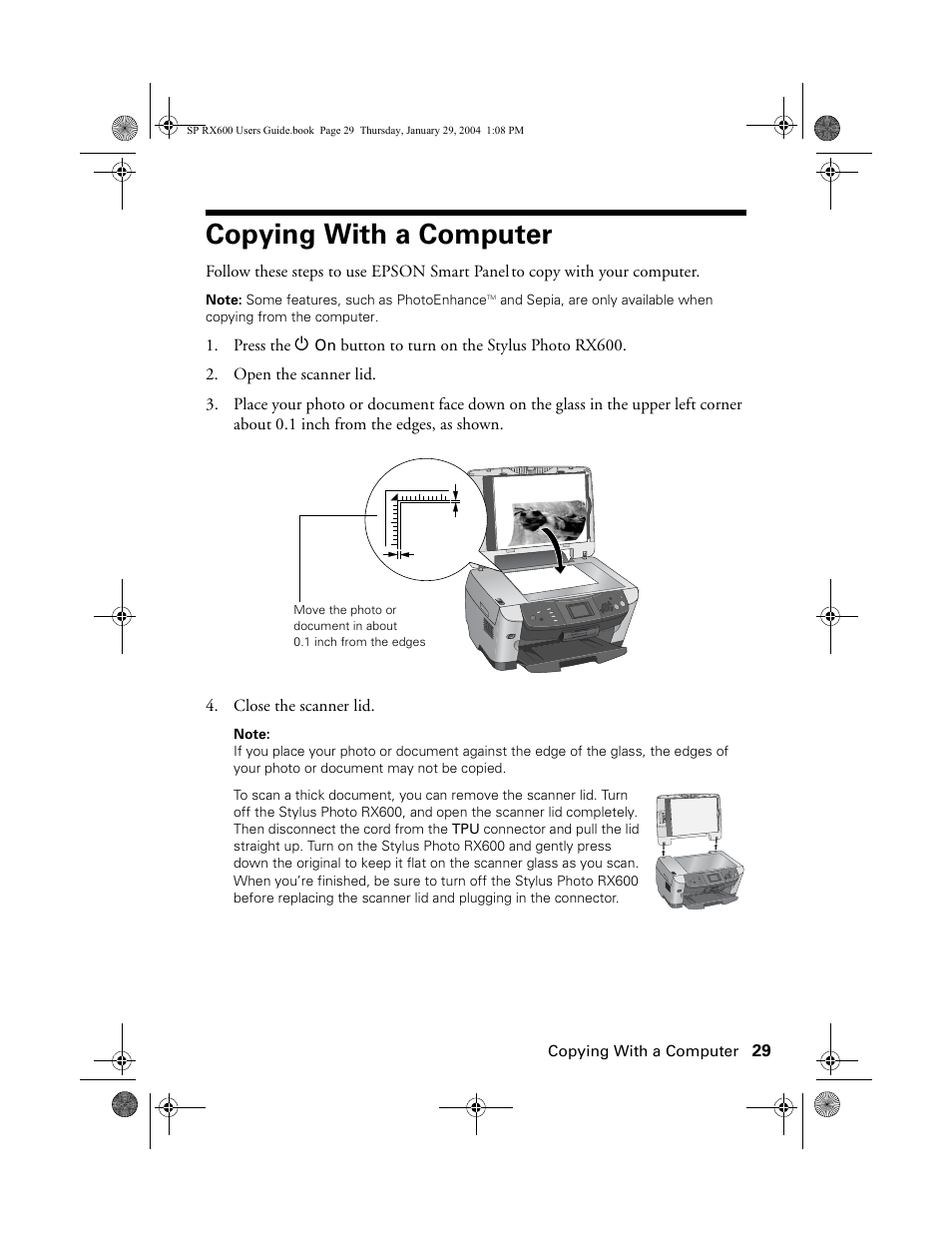 Copying with a computer | Epson All-In-One Stylus Photo RX600 User Manual | Page 29 / 164