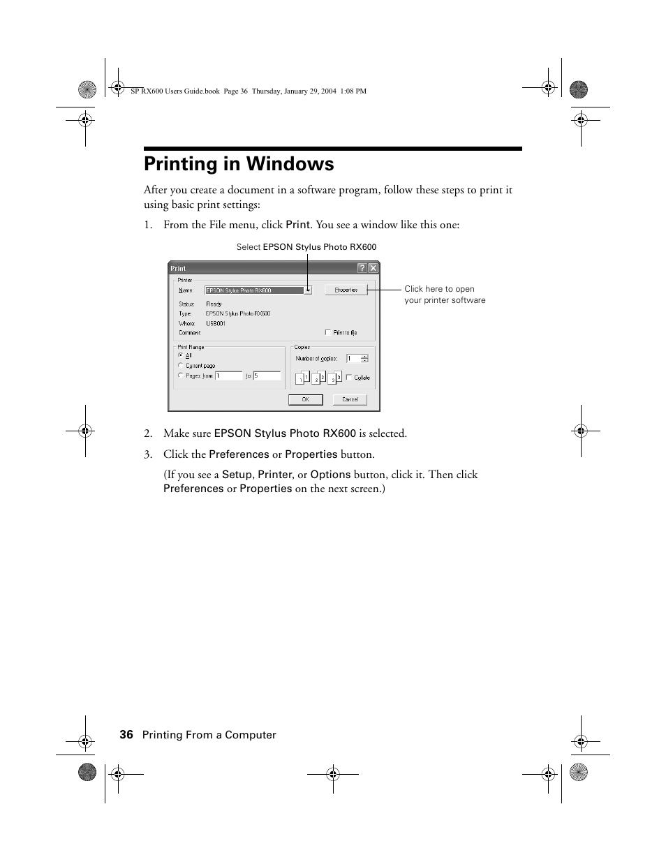 Printing in windows, Printing in windows” on | Epson All-In-One Stylus Photo RX600 User Manual | Page 36 / 164
