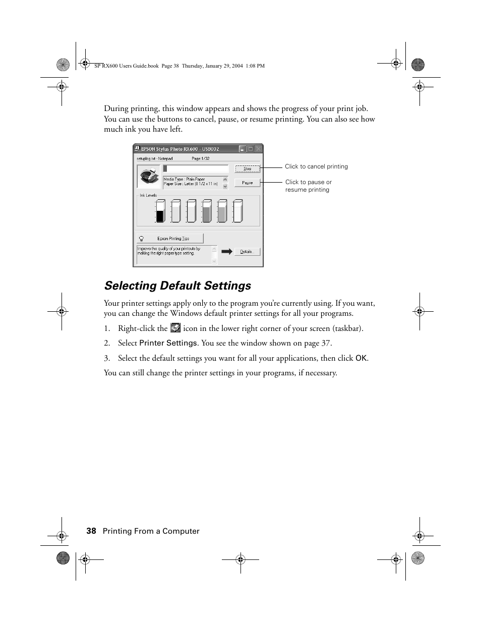 Selecting default settings | Epson All-In-One Stylus Photo RX600 User Manual | Page 38 / 164