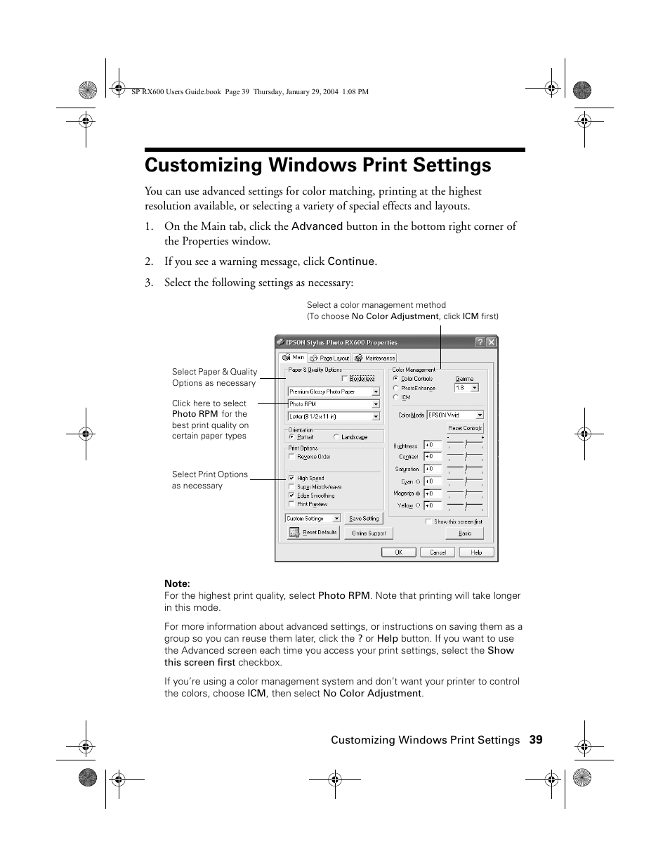 Customizing windows print settings | Epson All-In-One Stylus Photo RX600 User Manual | Page 39 / 164