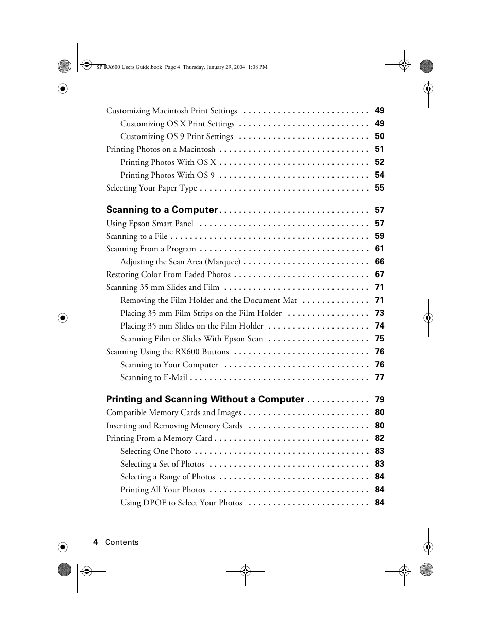 Epson All-In-One Stylus Photo RX600 User Manual | Page 4 / 164