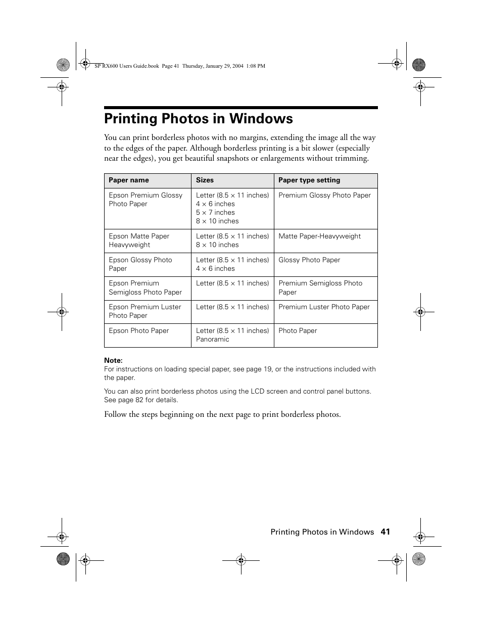 Printing photos in windows | Epson All-In-One Stylus Photo RX600 User Manual | Page 41 / 164