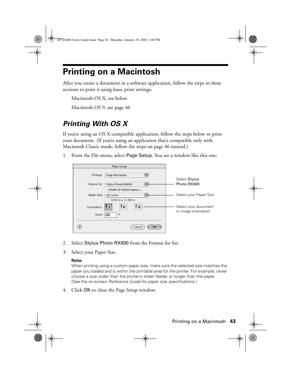 Printing on a macintosh, Printing with os x | Epson All-In-One Stylus Photo RX600 User Manual | Page 43 / 164