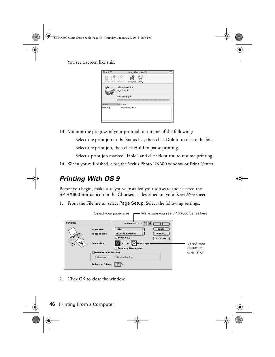 Printing with os 9 | Epson All-In-One Stylus Photo RX600 User Manual | Page 46 / 164