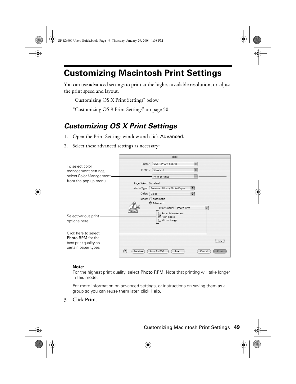 Customizing macintosh print settings, Customizing os x print settings | Epson All-In-One Stylus Photo RX600 User Manual | Page 49 / 164