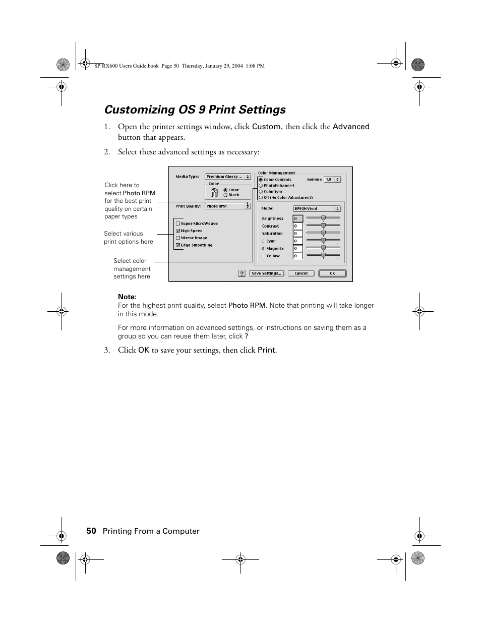 Customizing os 9 print settings | Epson All-In-One Stylus Photo RX600 User Manual | Page 50 / 164