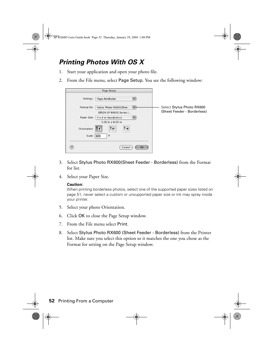 Printing photos with os x | Epson All-In-One Stylus Photo RX600 User Manual | Page 52 / 164