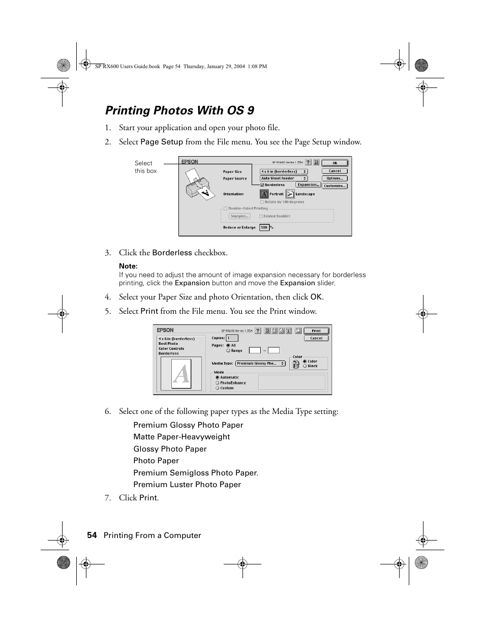 Printing photos with os 9 | Epson All-In-One Stylus Photo RX600 User Manual | Page 54 / 164