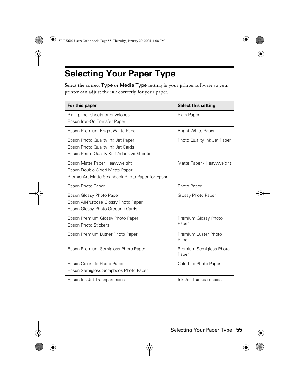 Selecting your paper type | Epson All-In-One Stylus Photo RX600 User Manual | Page 55 / 164