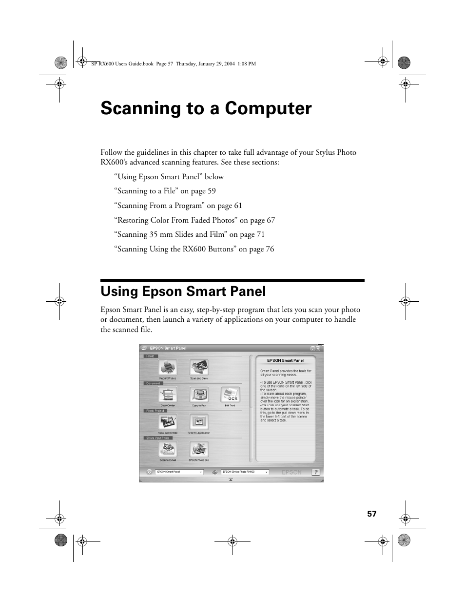 Scanning to a computer, Using epson smart panel | Epson All-In-One Stylus Photo RX600 User Manual | Page 57 / 164