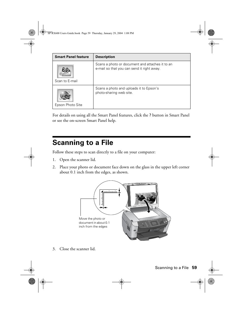Scanning to a file | Epson All-In-One Stylus Photo RX600 User Manual | Page 59 / 164
