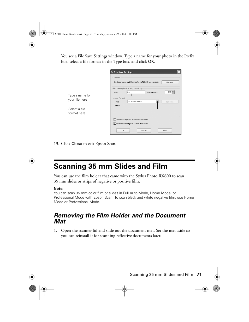 Scanning 35 mm slides and film, Removing the film holder and the document mat | Epson All-In-One Stylus Photo RX600 User Manual | Page 71 / 164