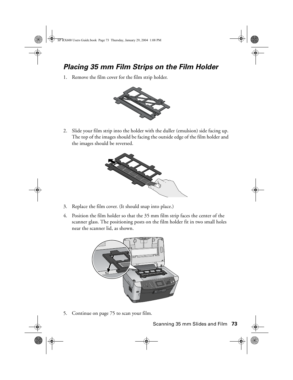 Placing 35 mm film strips on the film holder | Epson All-In-One Stylus Photo RX600 User Manual | Page 73 / 164