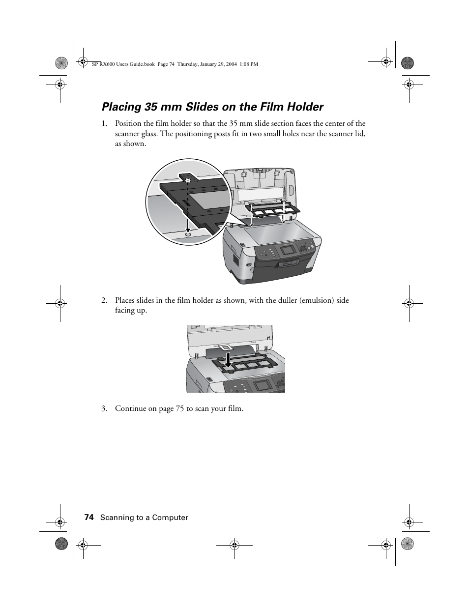 Placing 35 mm slides on the film holder | Epson All-In-One Stylus Photo RX600 User Manual | Page 74 / 164
