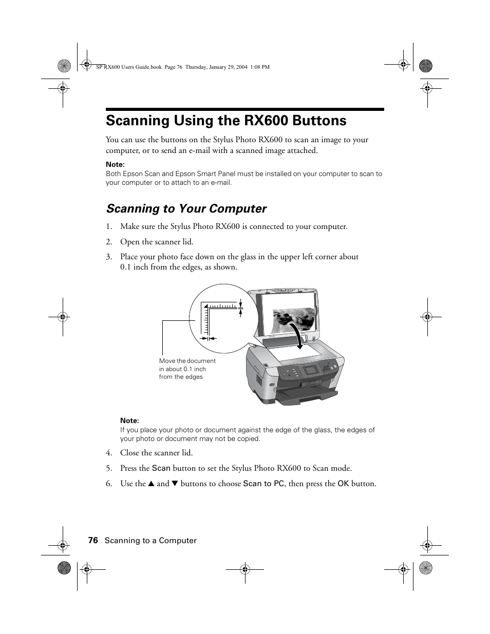 Scanning using the rx600 buttons, Scanning to your computer | Epson All-In-One Stylus Photo RX600 User Manual | Page 76 / 164