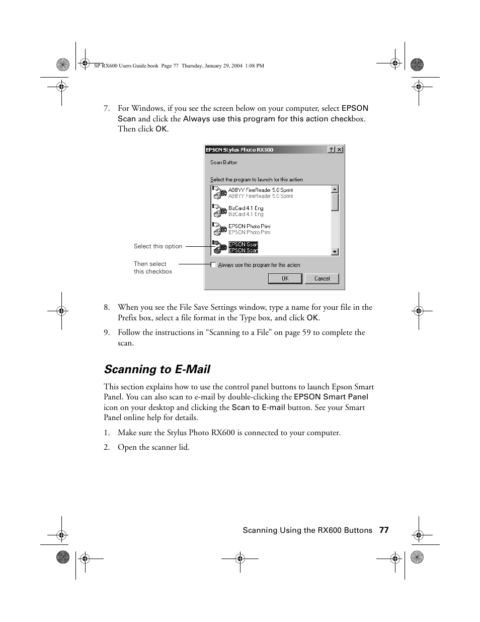 Scanning to e-mail | Epson All-In-One Stylus Photo RX600 User Manual | Page 77 / 164