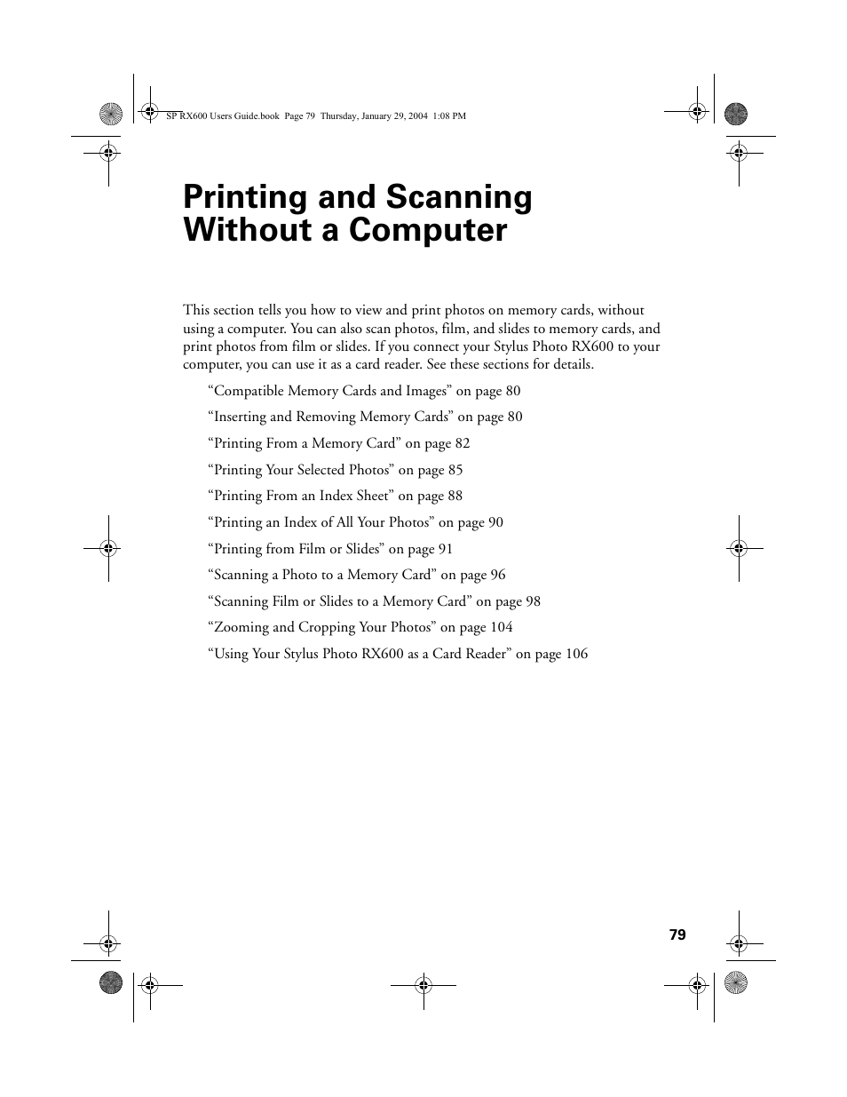 Printing and scanning without a computer | Epson All-In-One Stylus Photo RX600 User Manual | Page 79 / 164