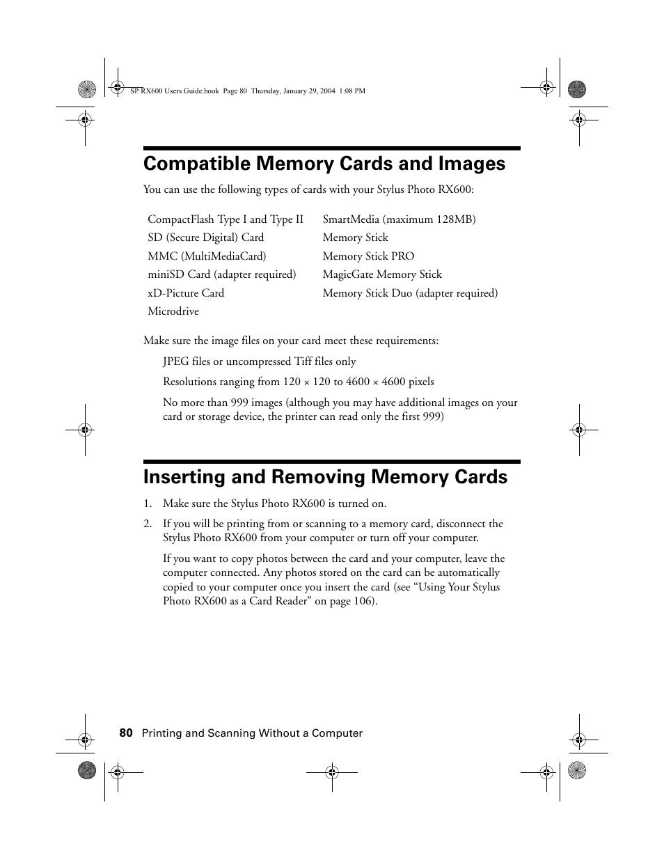 Compatible memory cards and images, Inserting and removing memory cards | Epson All-In-One Stylus Photo RX600 User Manual | Page 80 / 164