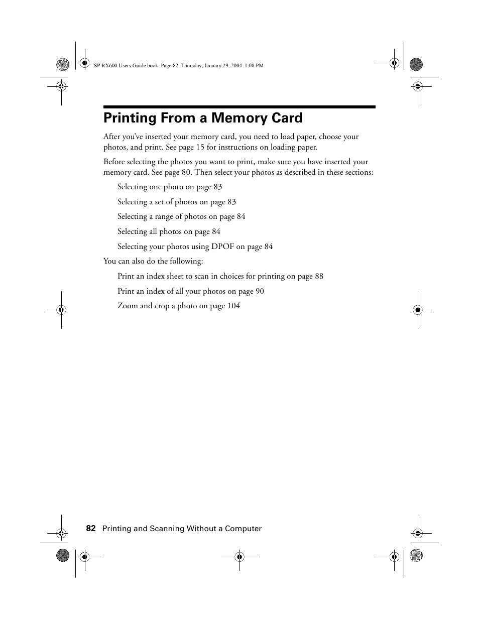 Printing from a memory card | Epson All-In-One Stylus Photo RX600 User Manual | Page 82 / 164