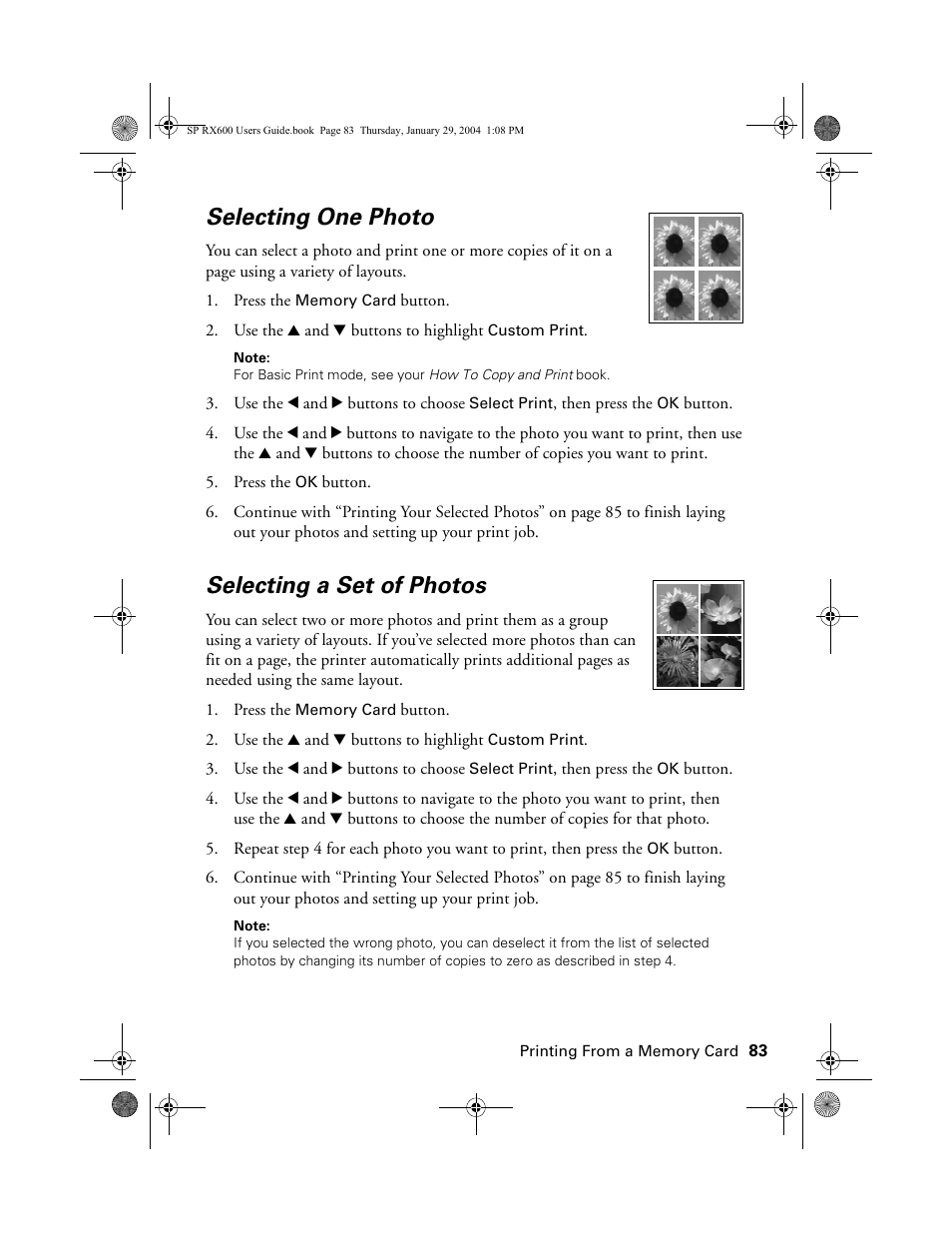 Selecting one photo, Selecting a set of photos, Selecting one photo selecting a set of photos | Epson All-In-One Stylus Photo RX600 User Manual | Page 83 / 164