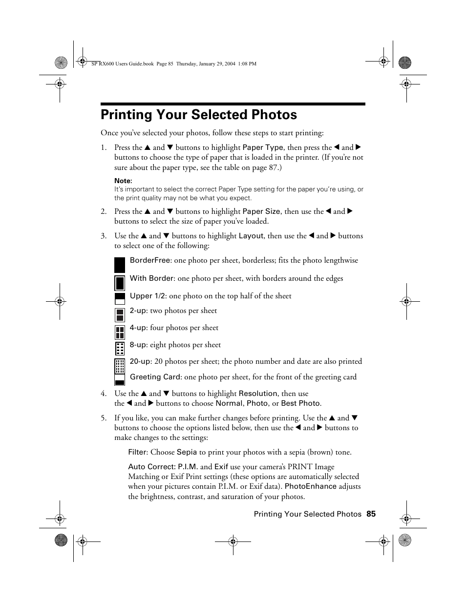 Printing your selected photos, Ntinue with “printing your selected photos | Epson All-In-One Stylus Photo RX600 User Manual | Page 85 / 164