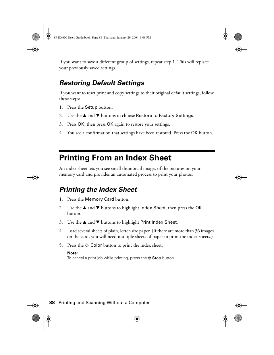 Restoring default settings, Printing from an index sheet, Printing the index sheet | Epson All-In-One Stylus Photo RX600 User Manual | Page 88 / 164
