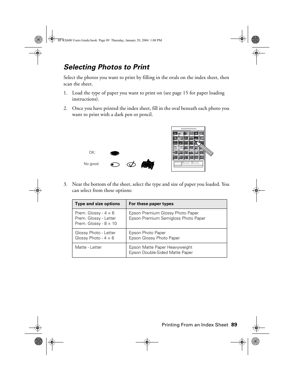 Selecting photos to print | Epson All-In-One Stylus Photo RX600 User Manual | Page 89 / 164