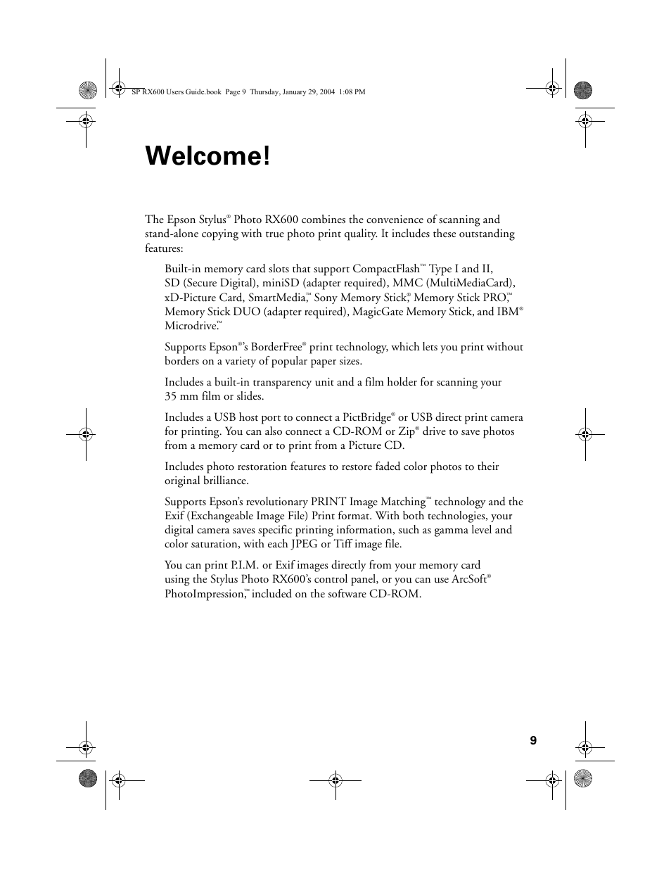 Welcome | Epson All-In-One Stylus Photo RX600 User Manual | Page 9 / 164