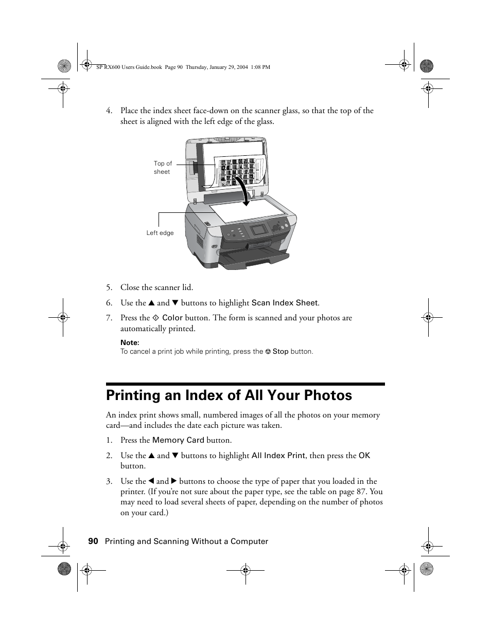 Printing an index of all your photos | Epson All-In-One Stylus Photo RX600 User Manual | Page 90 / 164