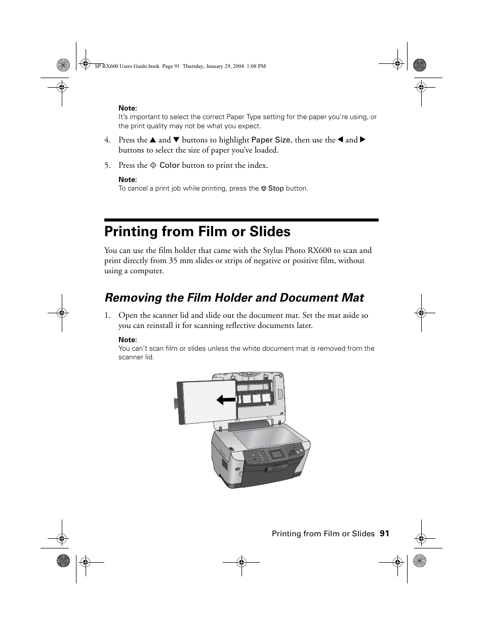 Printing from film or slides, Removing the film holder and document mat | Epson All-In-One Stylus Photo RX600 User Manual | Page 91 / 164