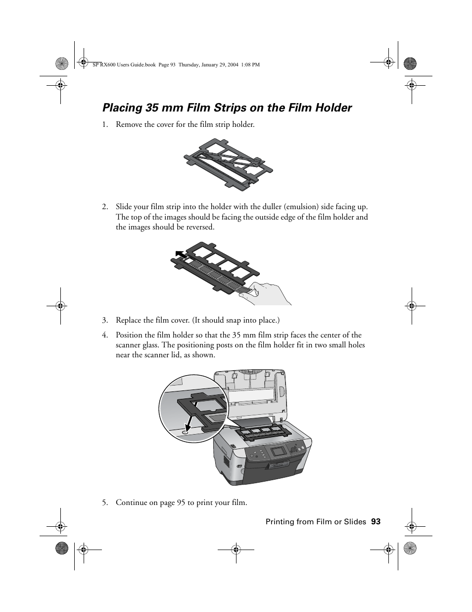 Placing 35 mm film strips on the film holder | Epson All-In-One Stylus Photo RX600 User Manual | Page 93 / 164