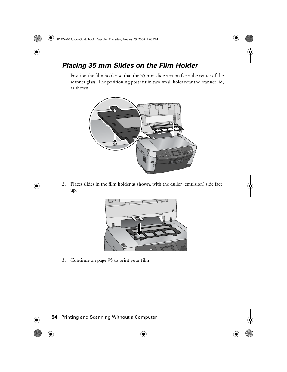 Placing 35 mm slides on the film holder | Epson All-In-One Stylus Photo RX600 User Manual | Page 94 / 164