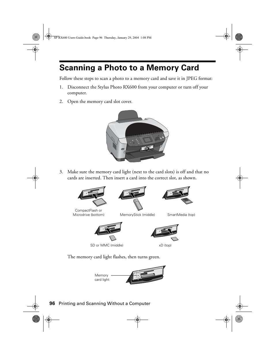 Scanning a photo to a memory card | Epson All-In-One Stylus Photo RX600 User Manual | Page 96 / 164