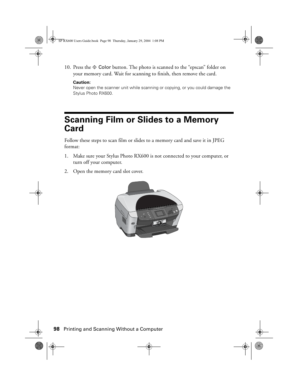 Scanning film or slides to a memory card | Epson All-In-One Stylus Photo RX600 User Manual | Page 98 / 164