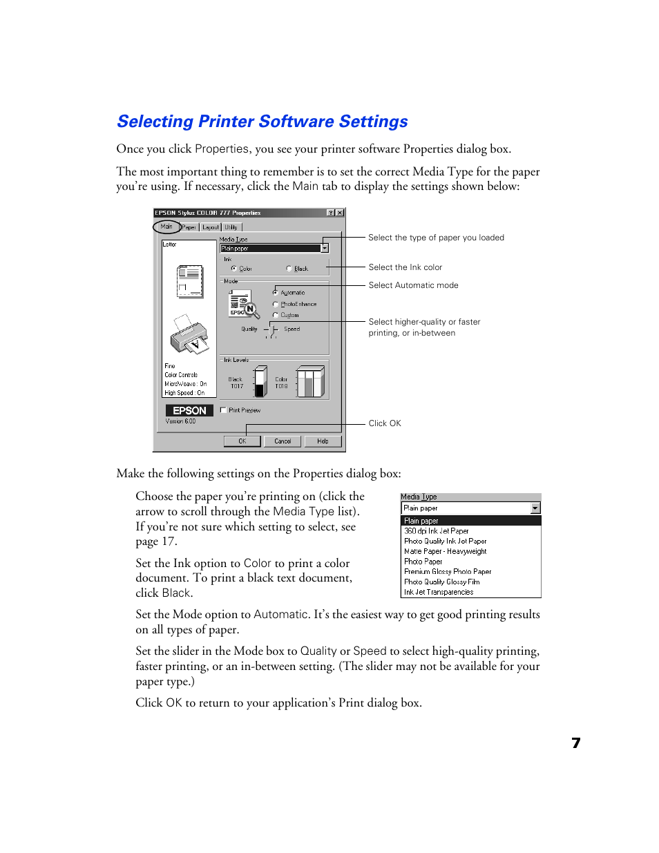 Selecting printer software settings | Epson 777 User Manual | Page 11 / 53