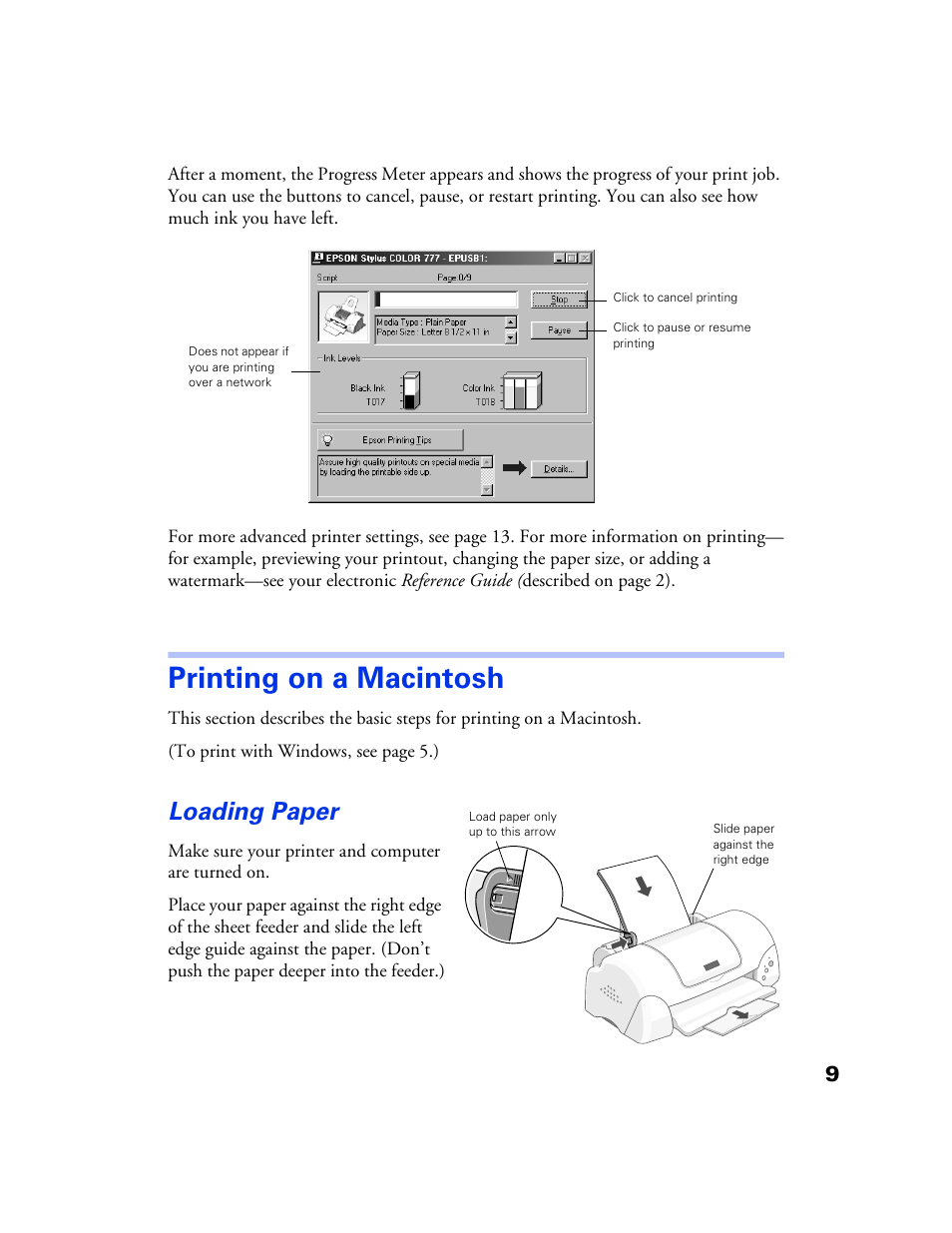 Printing on a macintosh, Loading paper | Epson 777 User Manual | Page 13 / 53