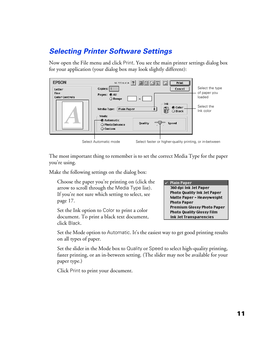 Selecting printer software settings, Controlling printing | Epson 777 User Manual | Page 15 / 53