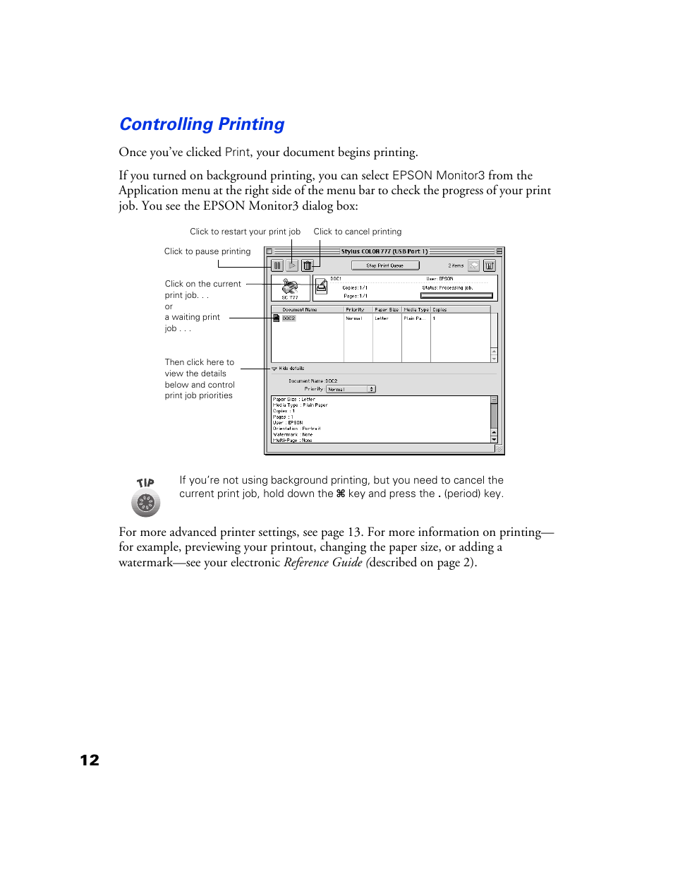 Controlling, Printing 12, Controlling printing | Epson 777 User Manual | Page 16 / 53