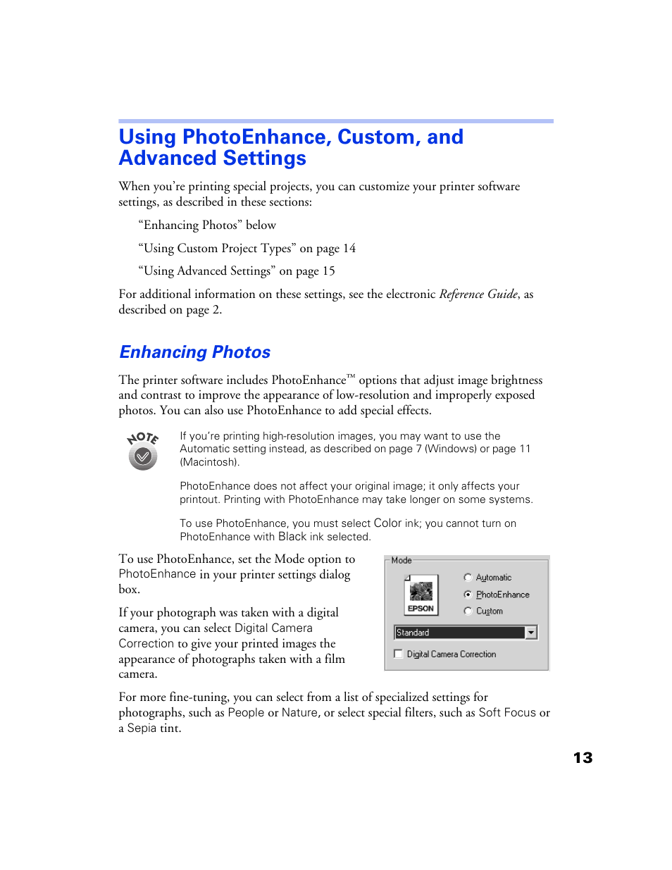 Using photoenhance, custom, and advanced settings, Enhancing photos, Enhancing | Photos 13 | Epson 777 User Manual | Page 17 / 53