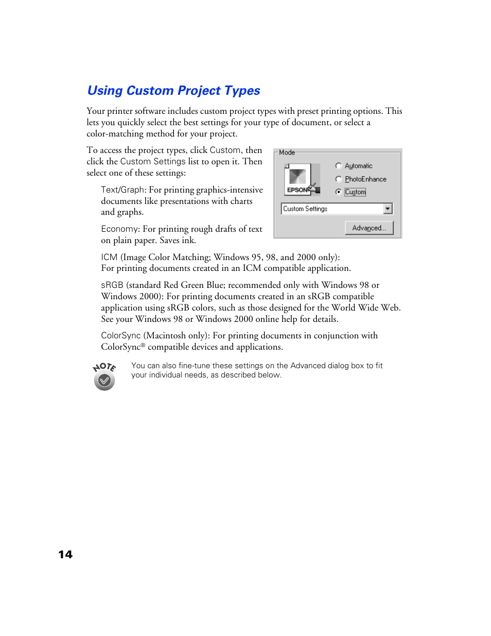 Using custom project types, Using advanced settings, Printing on envelopes | Using special papers, Epson matte paper - heavyweight, Epson photo paper | Epson 777 User Manual | Page 18 / 53