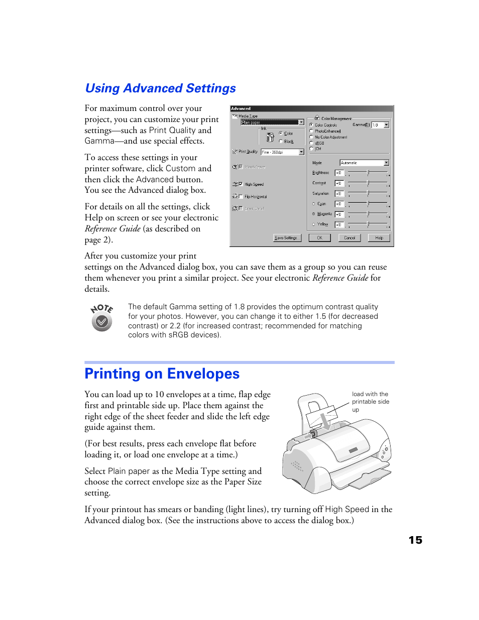 Using advanced settings, Printing on envelopes | Epson 777 User Manual | Page 19 / 53