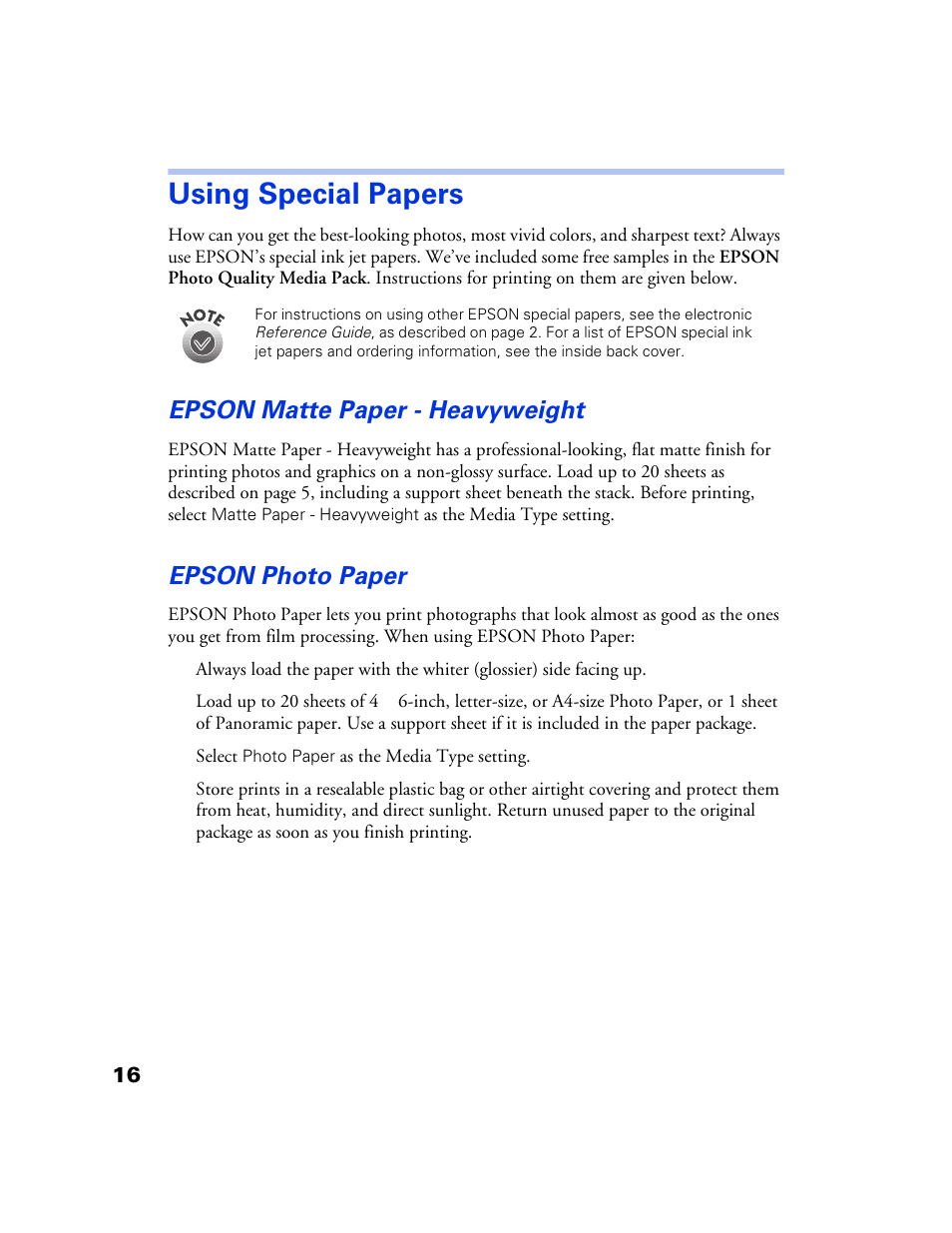 Using special papers, Epson matte paper - heavyweight, Epson photo paper | Epson 777 User Manual | Page 20 / 53