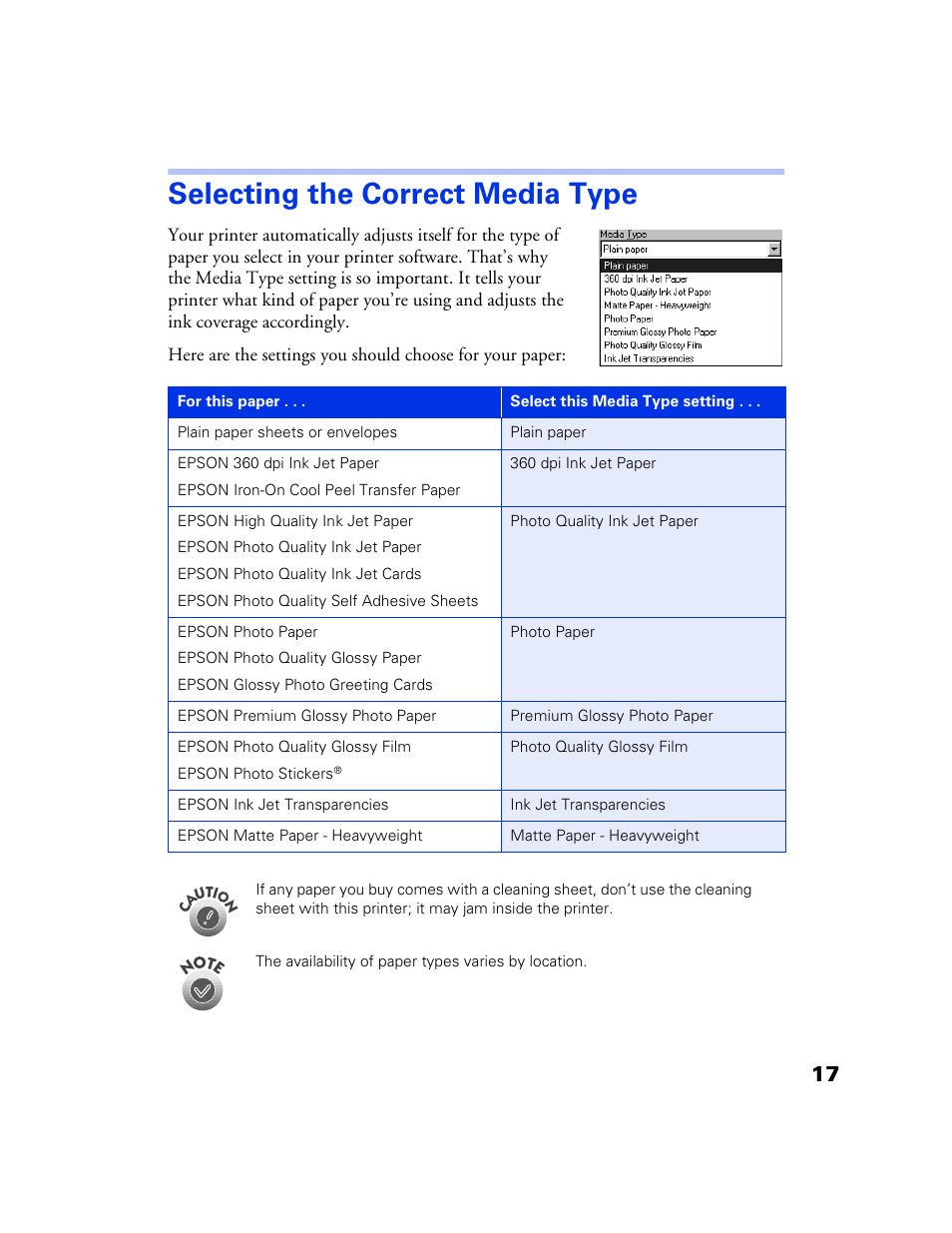 Selecting the correct media type | Epson 777 User Manual | Page 21 / 53