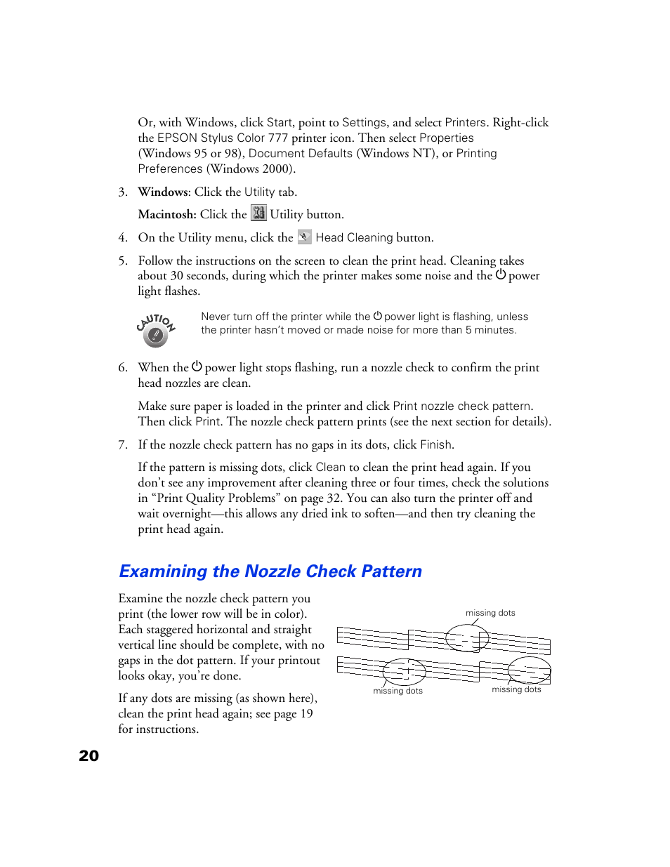 Examining the nozzle check pattern | Epson 777 User Manual | Page 24 / 53