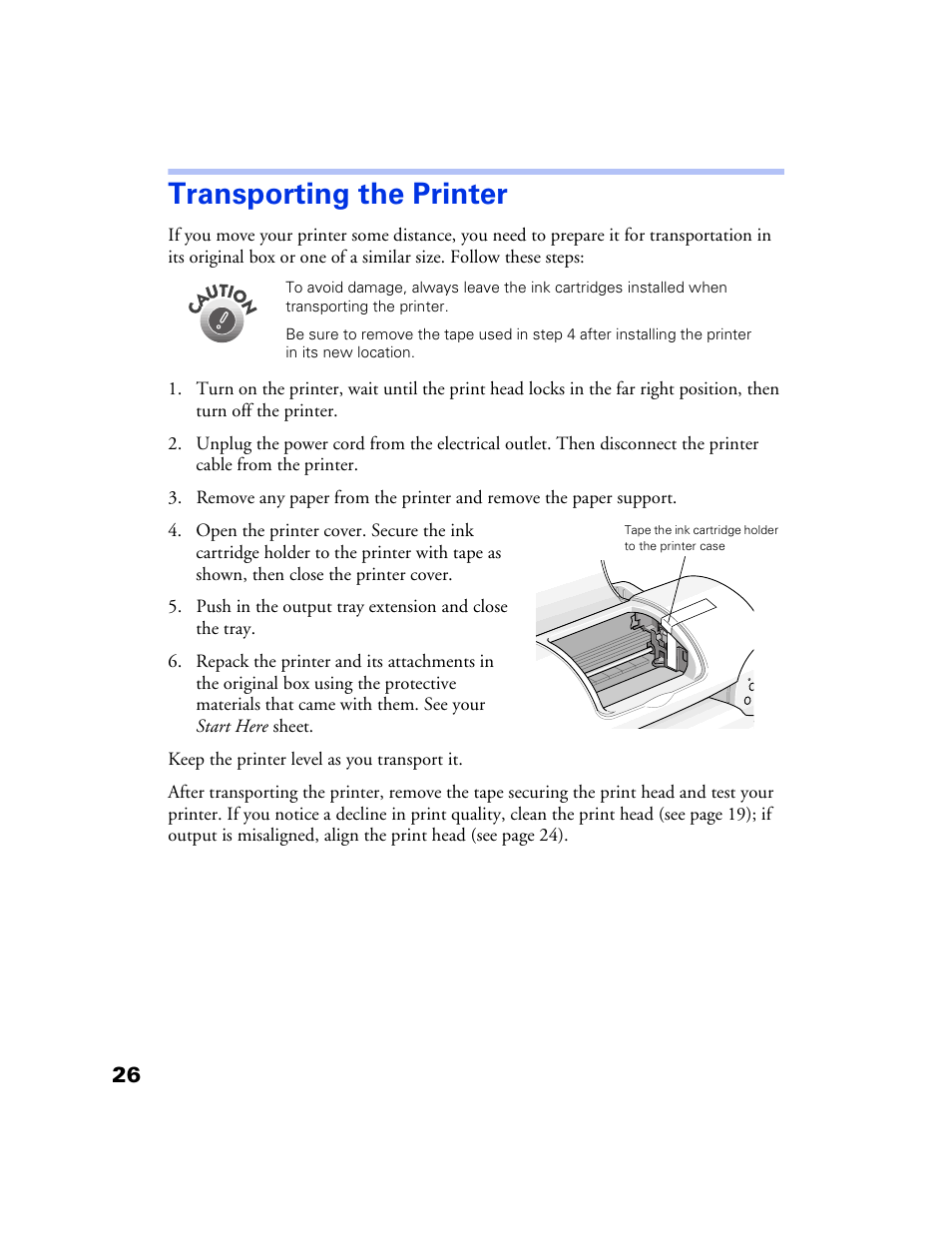 Transporting the printer | Epson 777 User Manual | Page 30 / 53